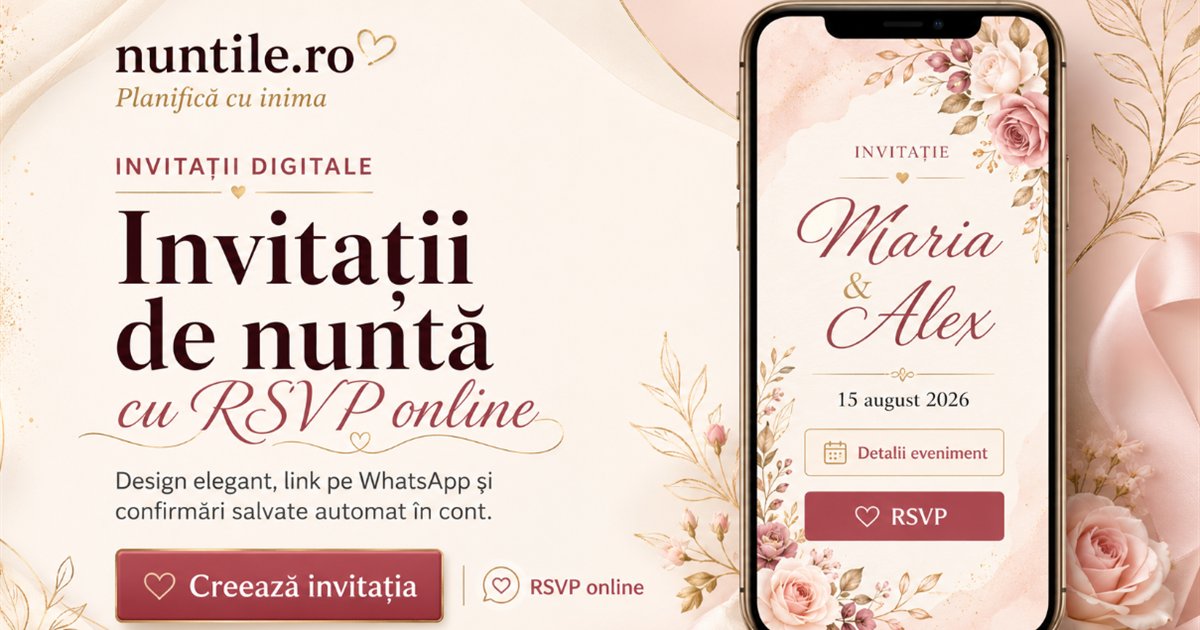 Exemplu vizual de invitatie digitala de nunta, cu fotografia mirilor si confirmare RSVP